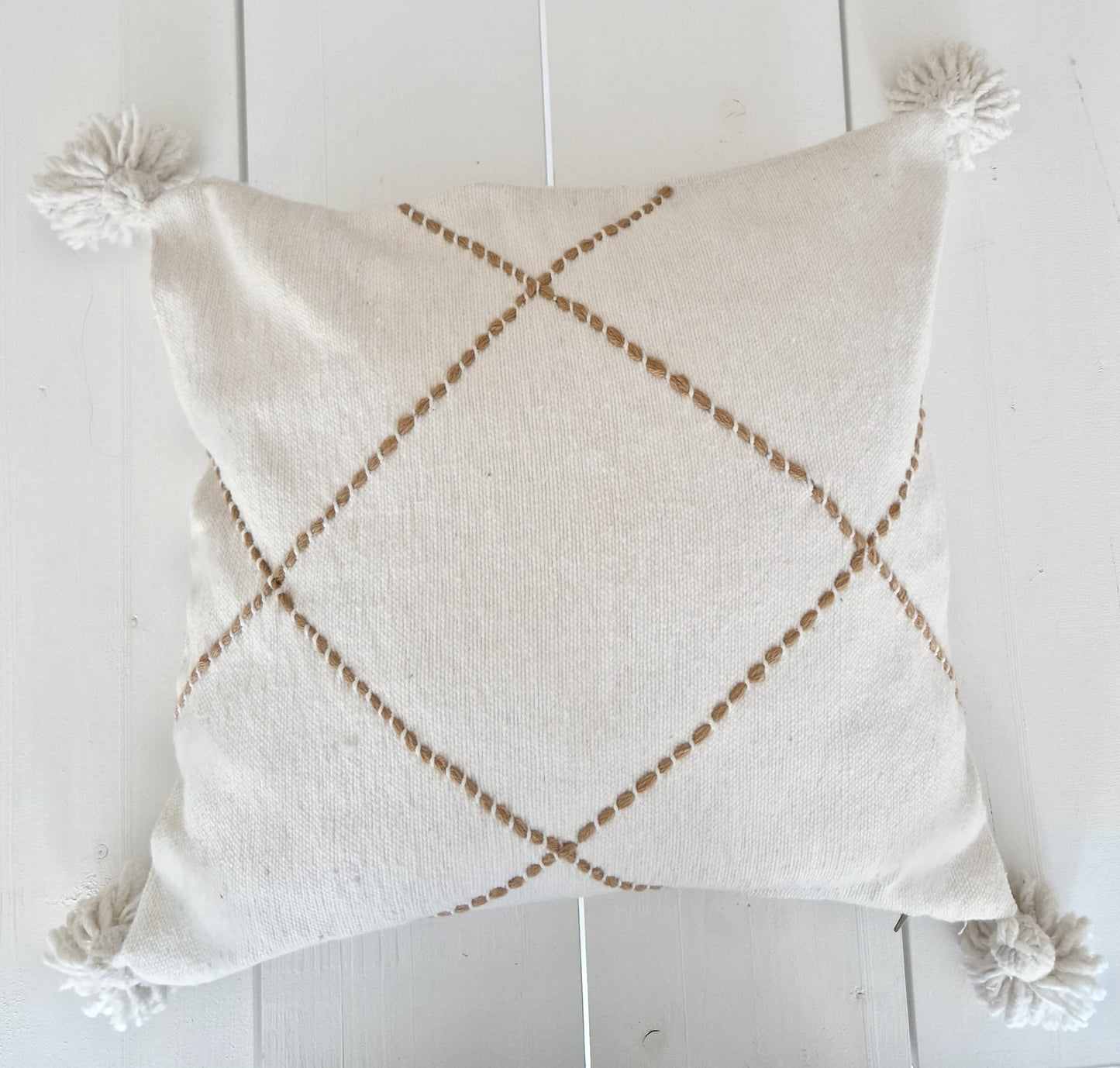Pompom kussenhoes Off White / Mocca