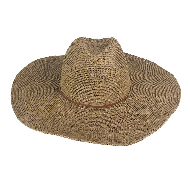 Aziz Tan Leather Hat Tea by Made in Mada, handwoven raffia hat with wide brim and tan leather detail