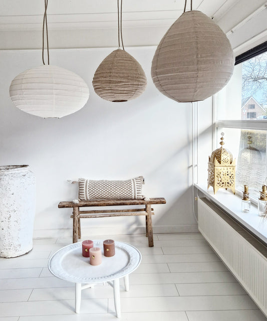 Linnen lampion lamp offwhite Ufo en Naturel linnen lampion lampen Mangiss living in de maten M en L