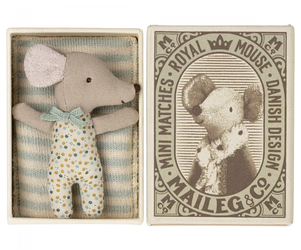 Maileg Sleepy Wakey baby mouse in matchbox Blue