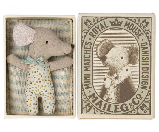 Maileg Sleepy Wakey baby mouse in matchbox Blue