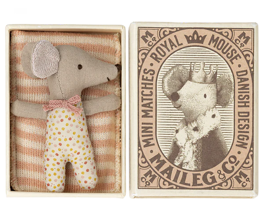 Maileg Sleepy Wakey baby mouse in matchbox Rose