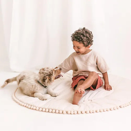 Boho gewatteerde ronde speelmat met Pom Pom rand
